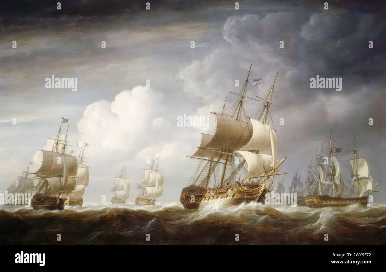 A fleet of East Indiamen at Sea, painting in oil on canvas by Nicholas Pocock, 1803 Stock Photo