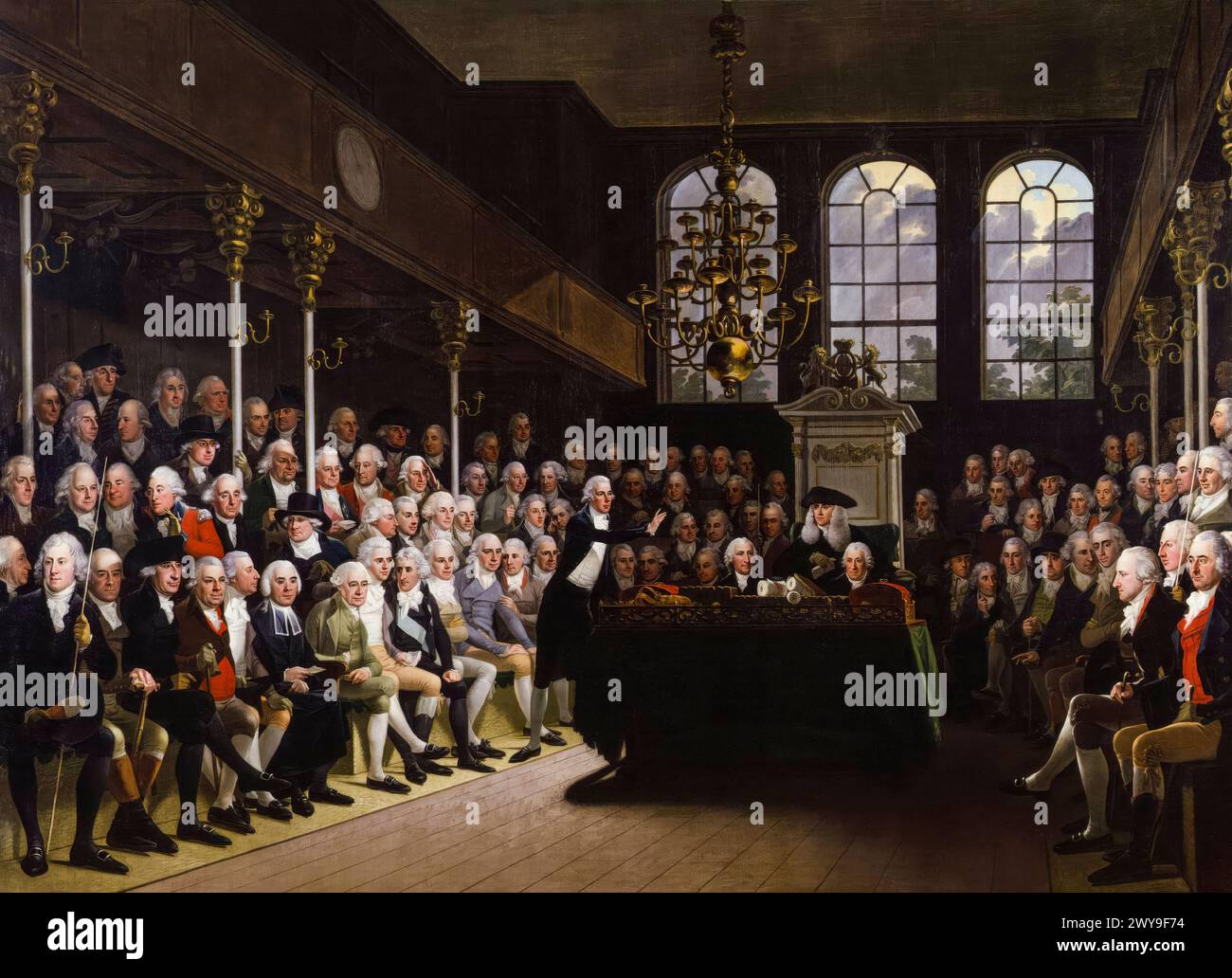 18th Century British Parliament: Interior of The House of Commons, 1793-1794, painting in oil on canvas by Anton Hickel, 1793-1795 Stock Photo