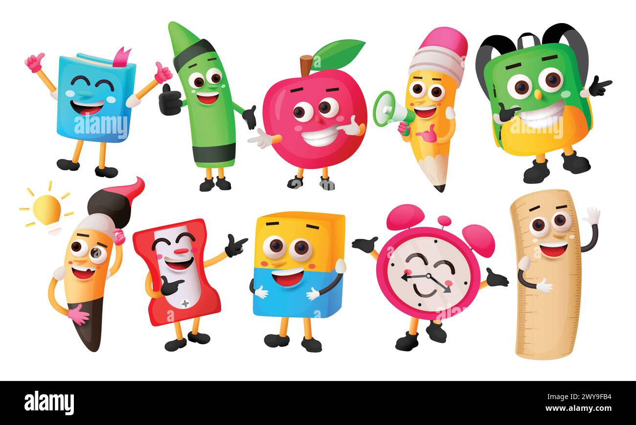 School elements characters vector set design. School supplies in cute cartoon characters like book, color, apple, bag, brush, sharpener and eraser Stock Vector