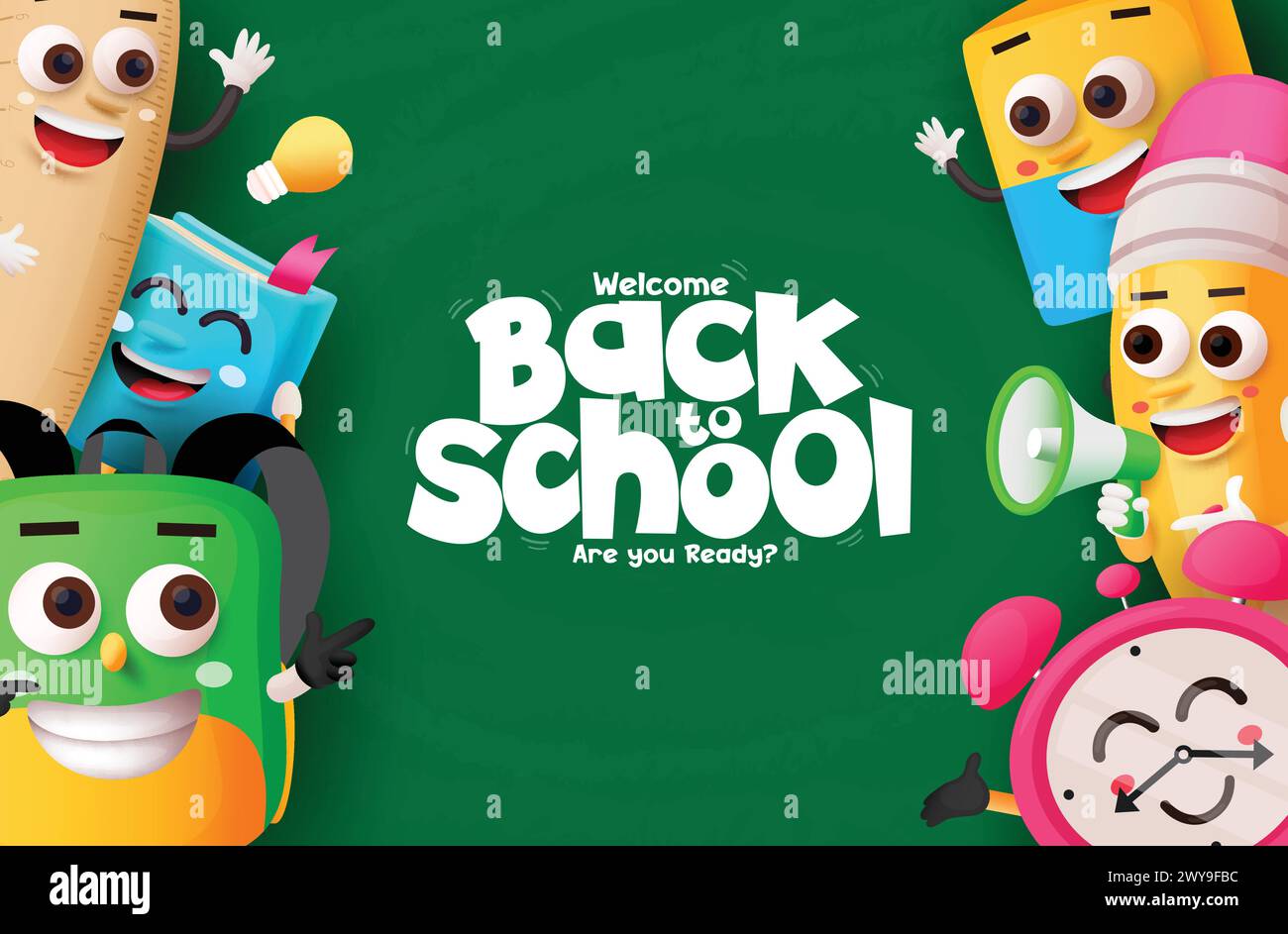 Back to school greeting vector template. Welcome back to school text with ruler, bag, books, pencil and alarm clock cartoon characters in learning Stock Vector