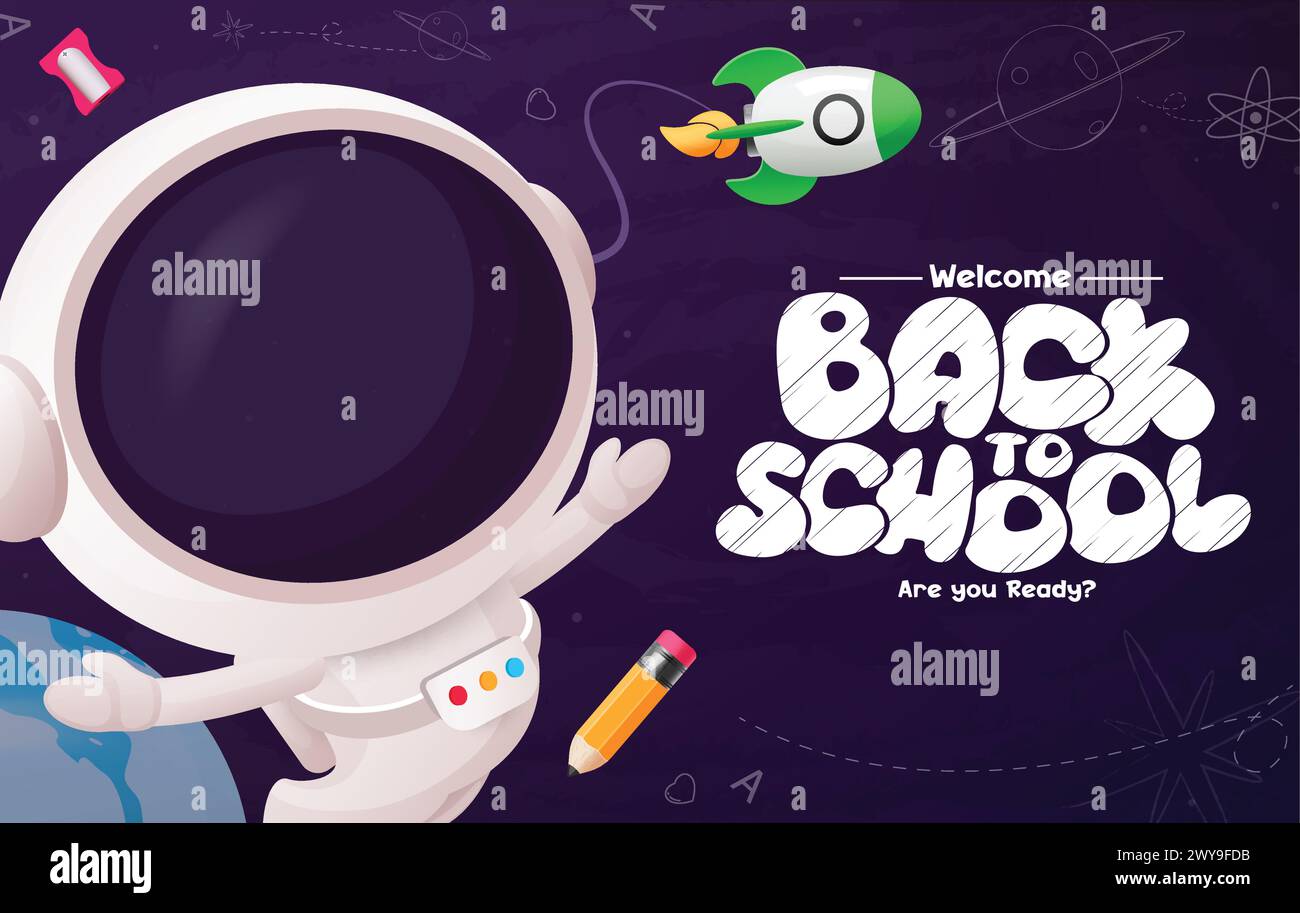 Back to school greeting vector design. School astronaut character and rocket spaceship elements in outer space concept for science educational Stock Vector