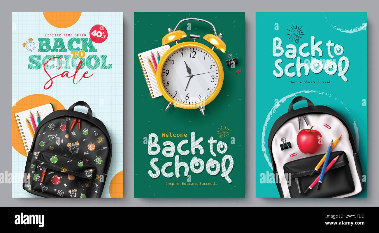 Back to school vector set poster design. Back to school sale and greeting text with school bag, alarm clock and color pencil items and elements Stock Vector
