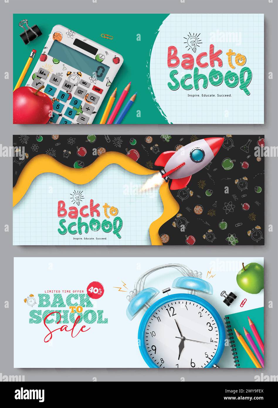 Back to school greeting vector poster set design. Welcome back to school greeting, invitation and sale lay out collection for flyers and tags Stock Vector