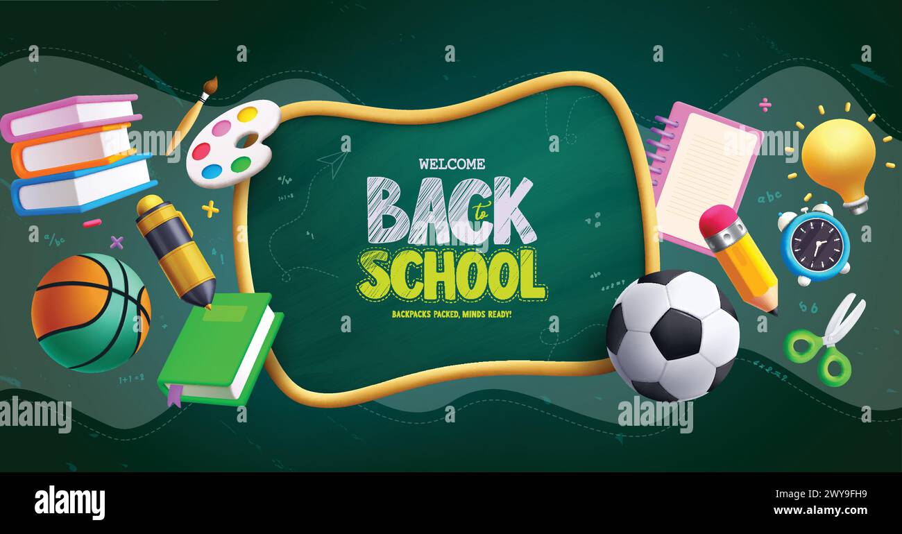Back to school text vector template. Welcome back to school greeting text in chalkboard space for typography with 3d educational elements for learning Stock Vector