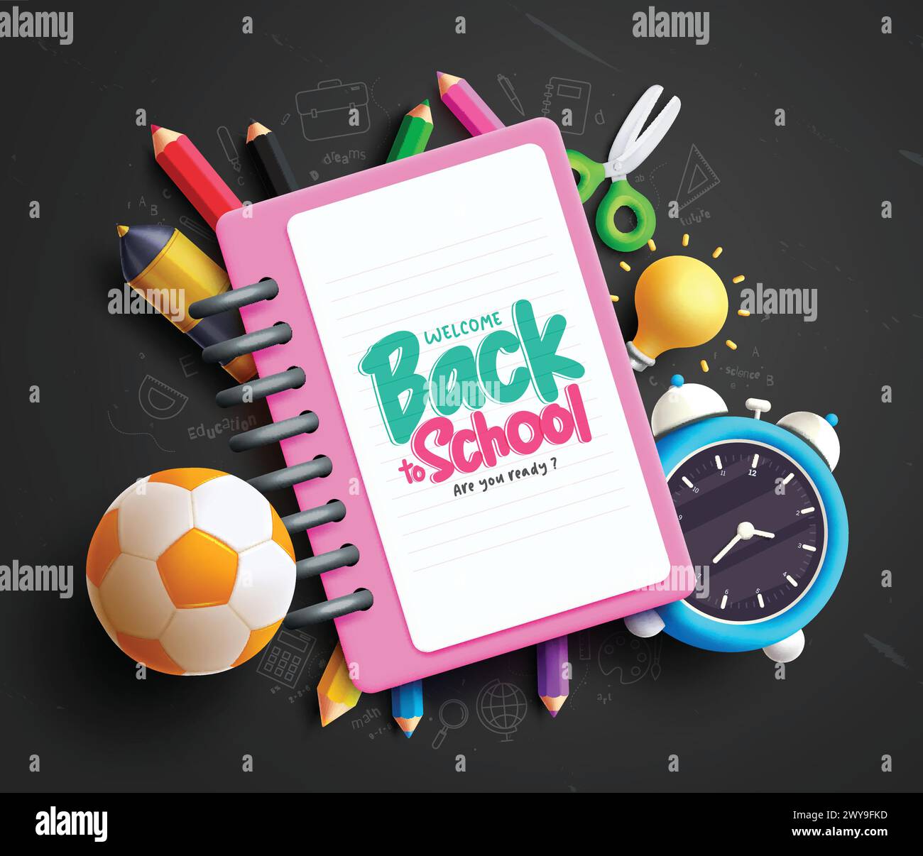 Back to school text vector template. Welcome back to school greeting in notebook paper space for typography with 3d educational supplies and items. Stock Vector