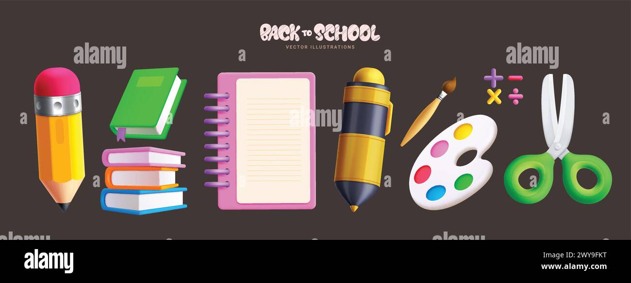 Back to school 3d elements vector set design. School educational supplies like pencil, book, notebook, pen, paint brush and scissors learning items Stock Vector