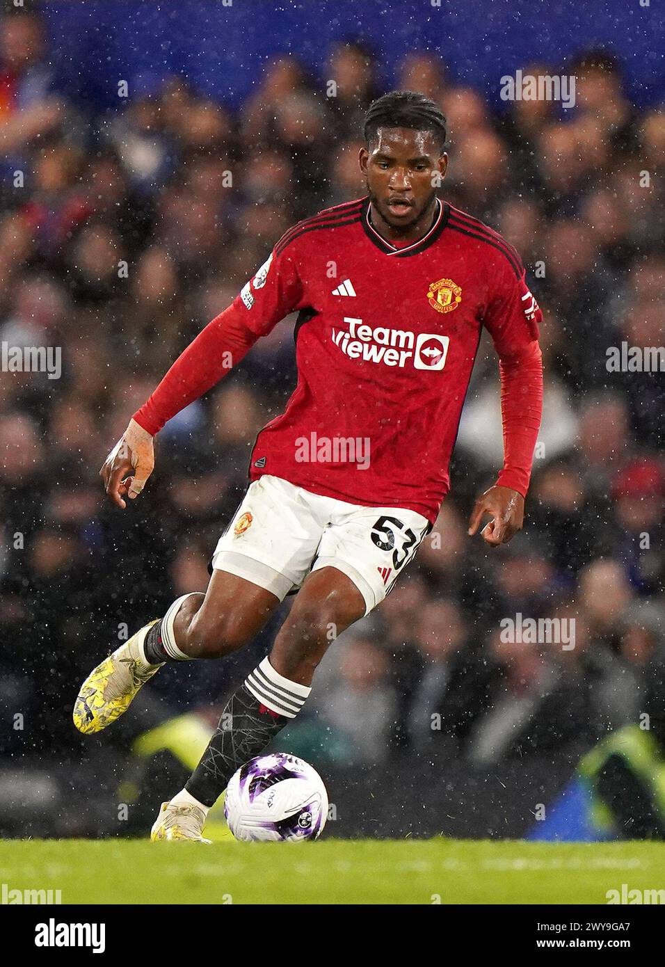 Manchester United's Willy Kambwala during the Premier League match at Stamford Bridge, London. Picture date: Thursday April 4, 2024. Stock Photo