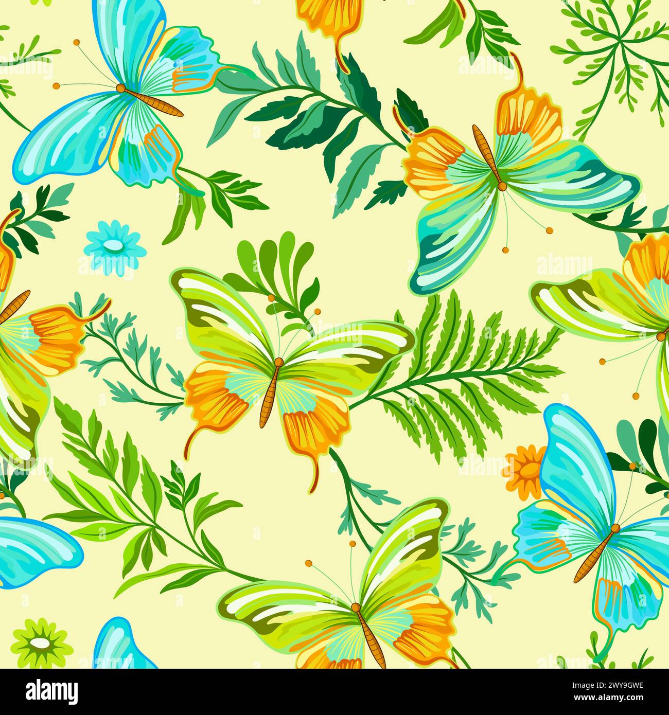 Seamless pattern of elegant beautiful tropical butterflies and plants isolated on background. Cute flying butterfly insects and leaves for decorative Stock Vector