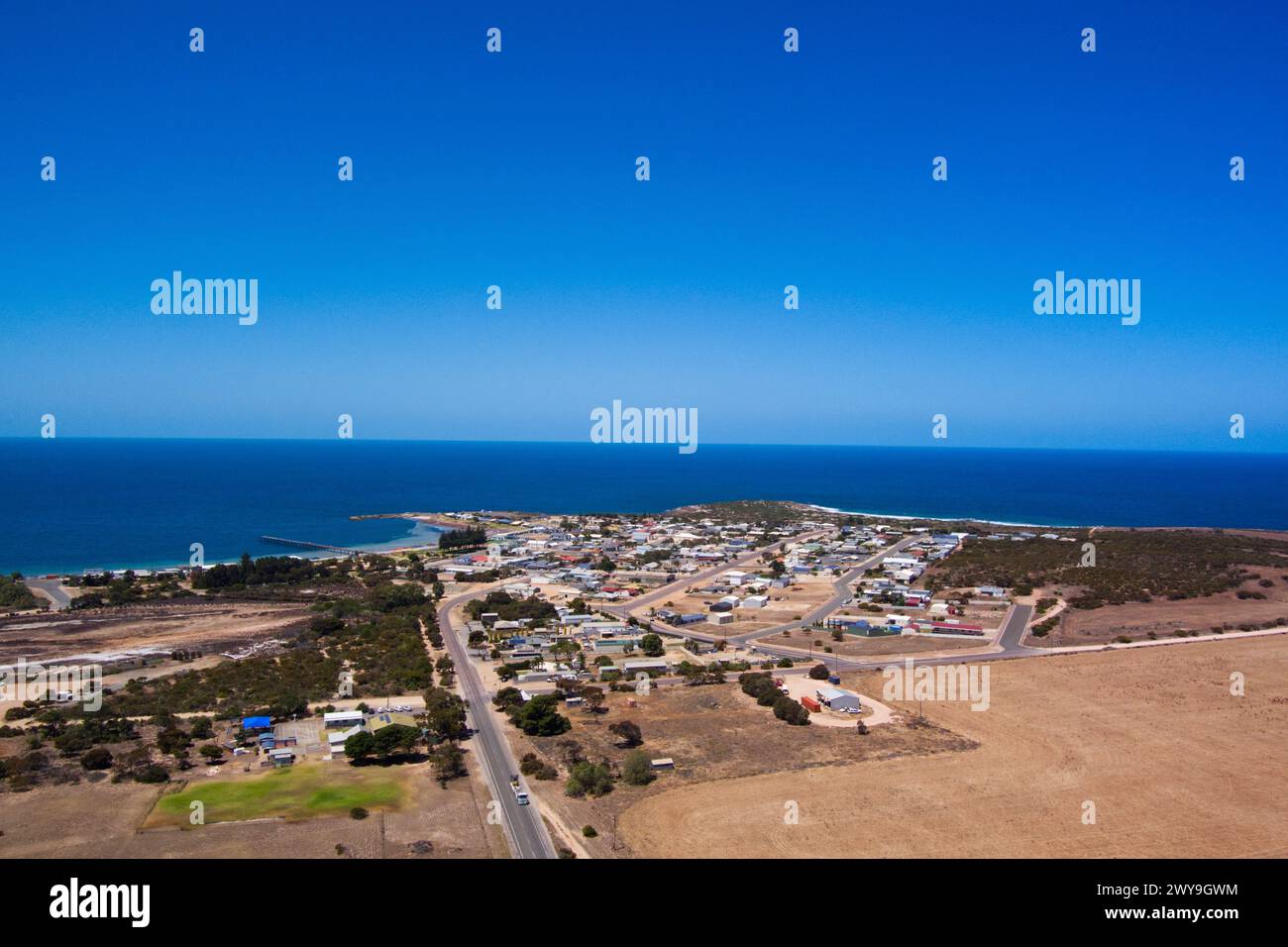 Aerial of the small coastal community of Port Neill on the east coast of Eyre Peninsula South Australia. Stock Photo