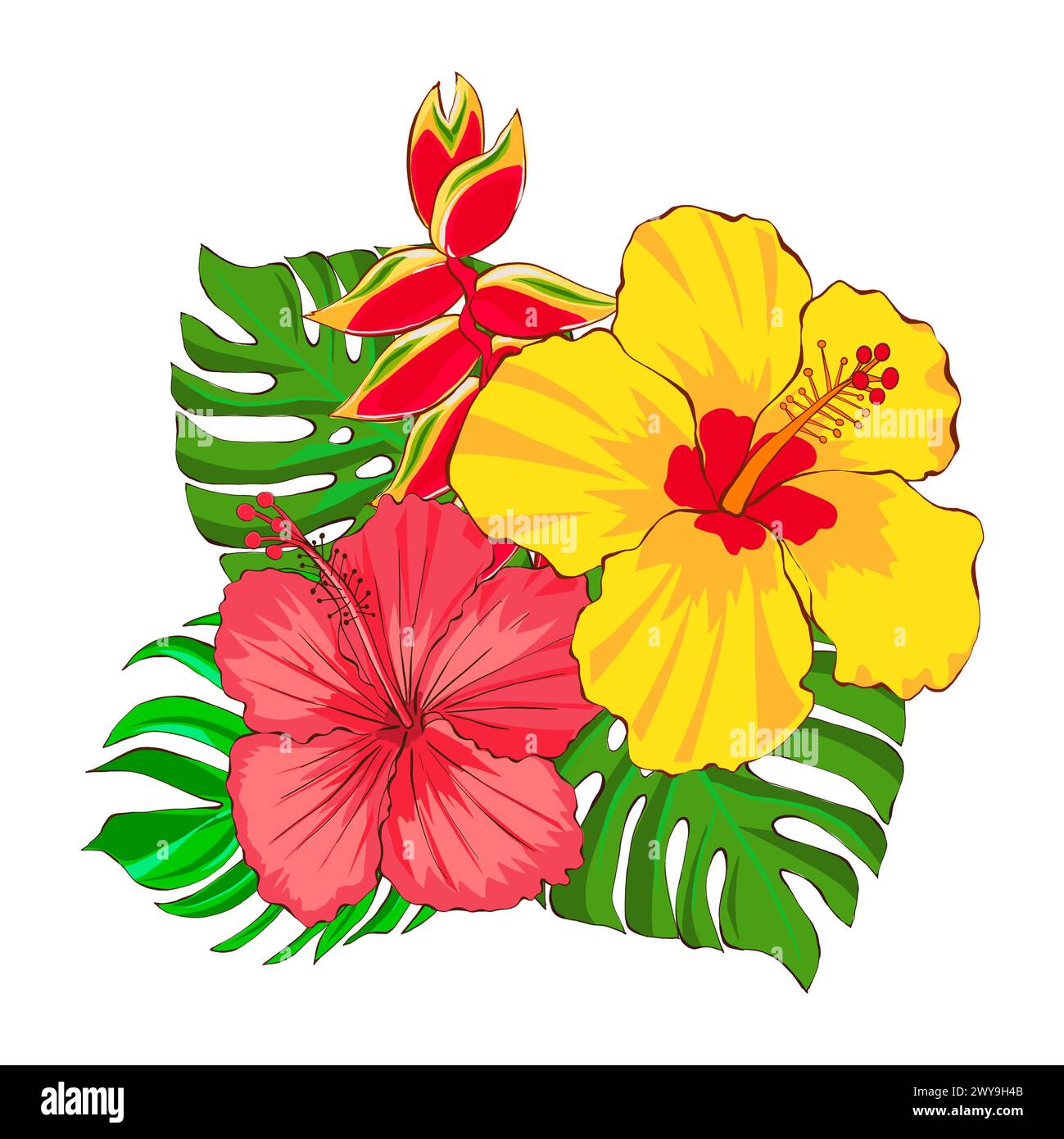 Floral arrangement of tropical flowers and leaves, hand drawn ...