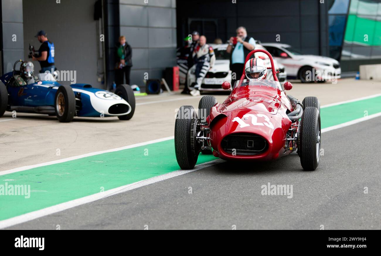 Simon Hope driving his Red, 1954, Maserati 250F, during the 75th Anniversary Demonstration of Grand Prix at Silverstone Stock Photo