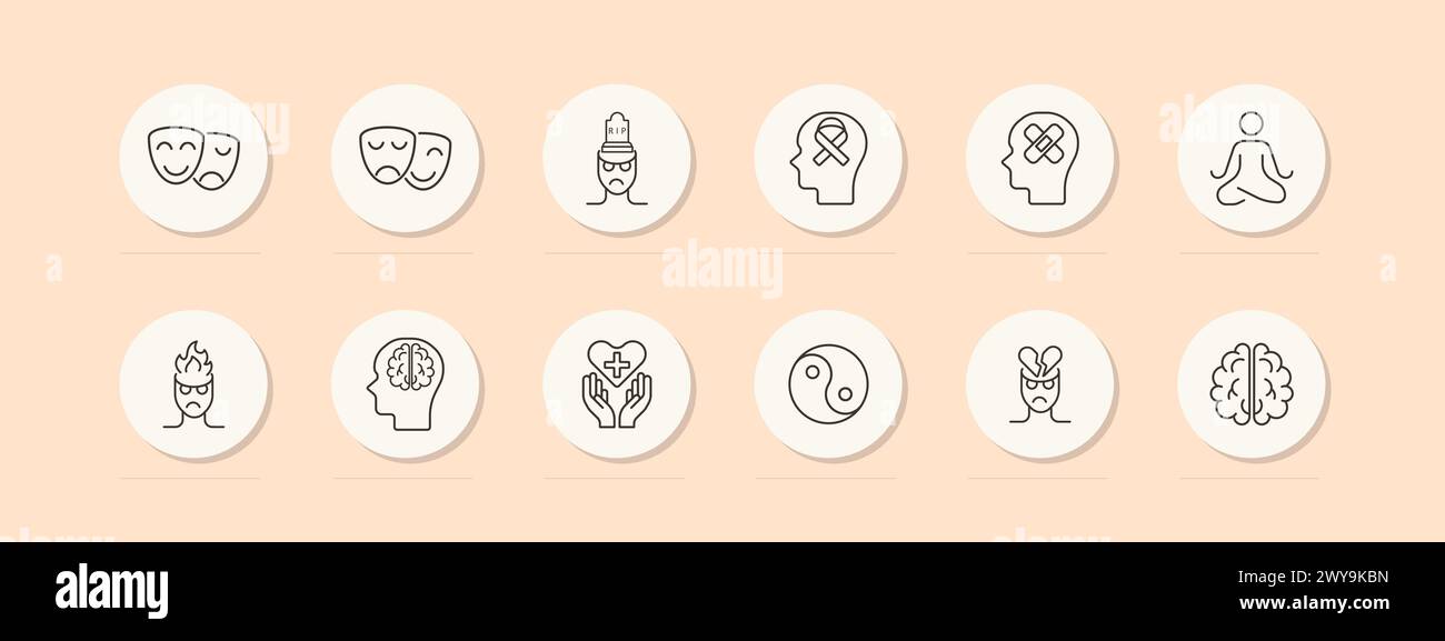 Mood icon set. Theater masks, smile, anger, yin yang, man, brain, fire ...