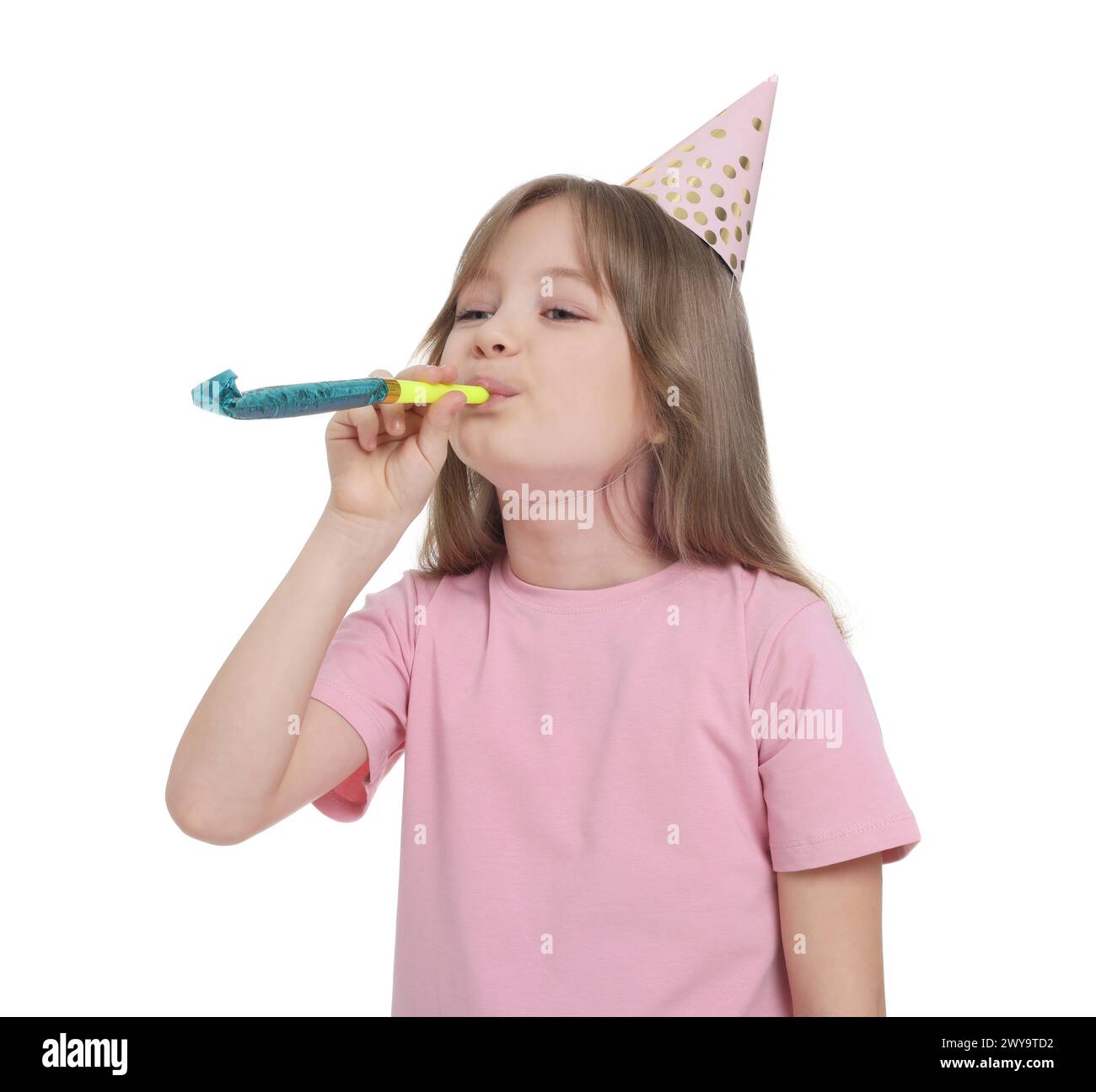 Cute little girl in party hat with blower on white background Stock ...