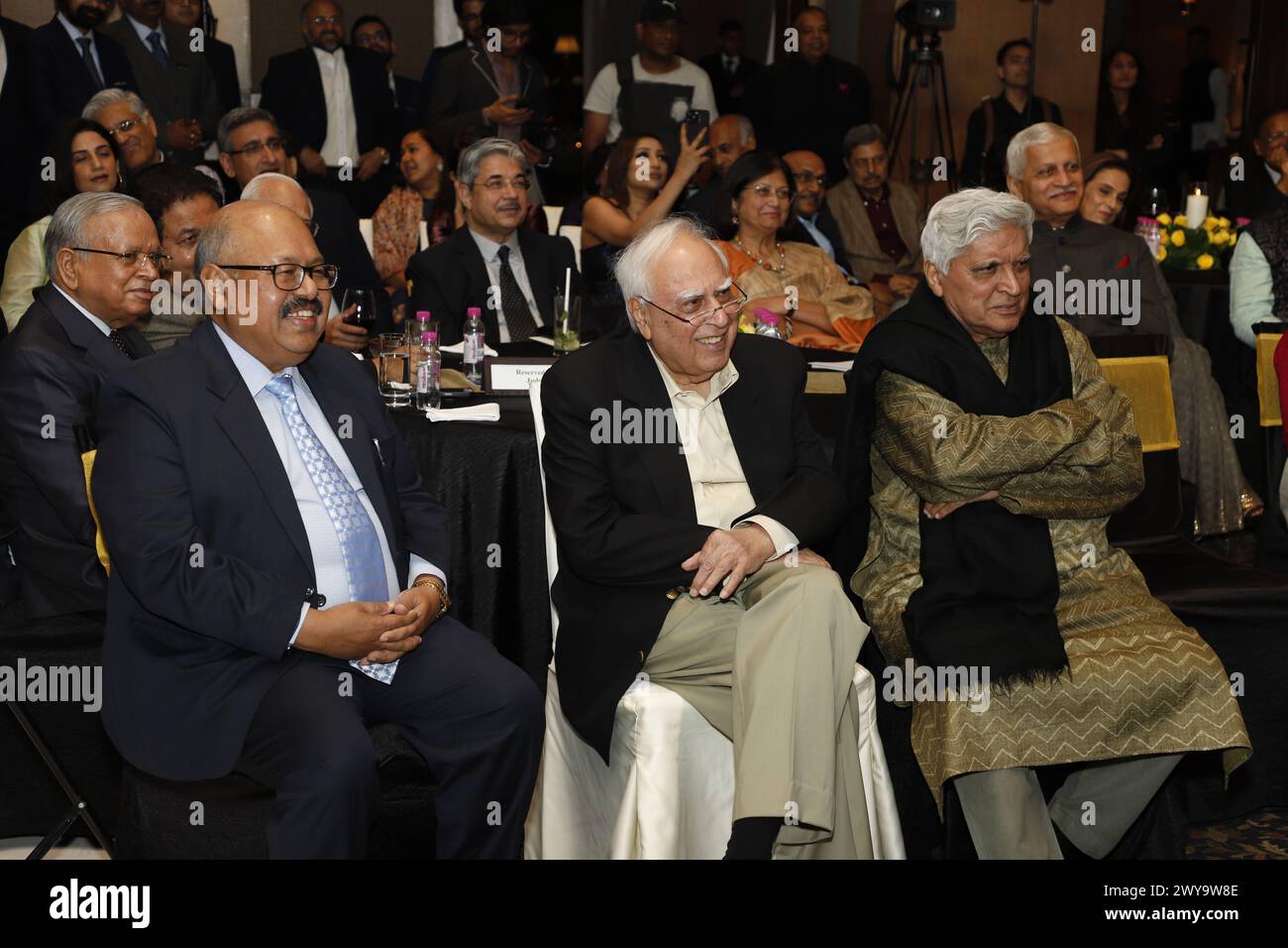 New Delhi, India. 05th Apr, 2024. NEW DELHI, INDIA - MARCH 16: Bollywood screenwriter, lyricist and poet Javed Akhtar and Congress leader Kapil Sibal during the launch of Fali Nariman Scholarship and Annual Lecture series, organized by Mohit Saraf, founder of Saraf and Partners, on March 16, 2024 in New Delhi, India. (Photo by Shantanu Bhattacharya/Hindustan Times/Sipa USA ) Credit: Sipa USA/Alamy Live News Stock Photo