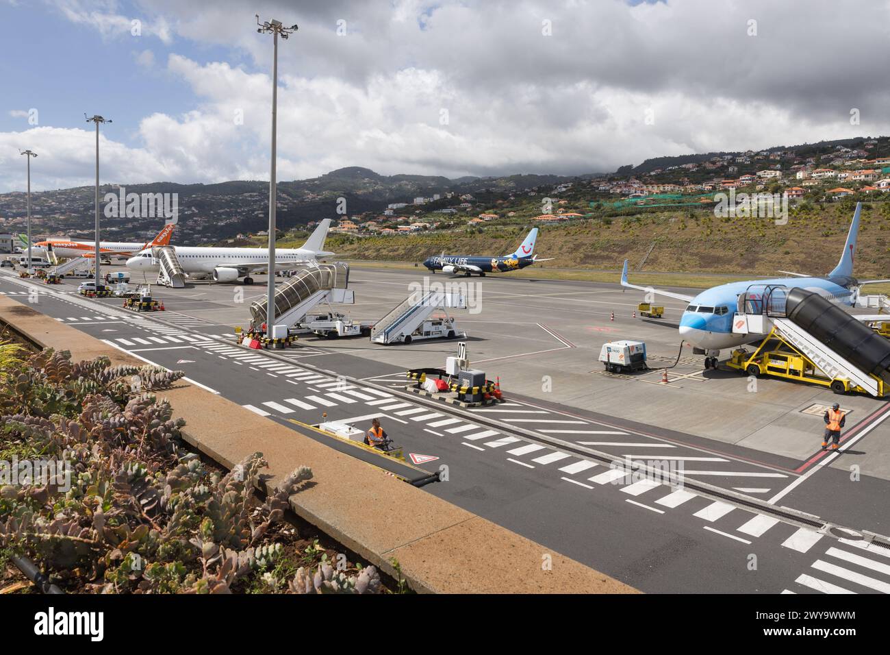 Aircraft aeroplanes parked at Cristiano Ronaldo International Airport, Funchal, Madeira. Stock Photo
