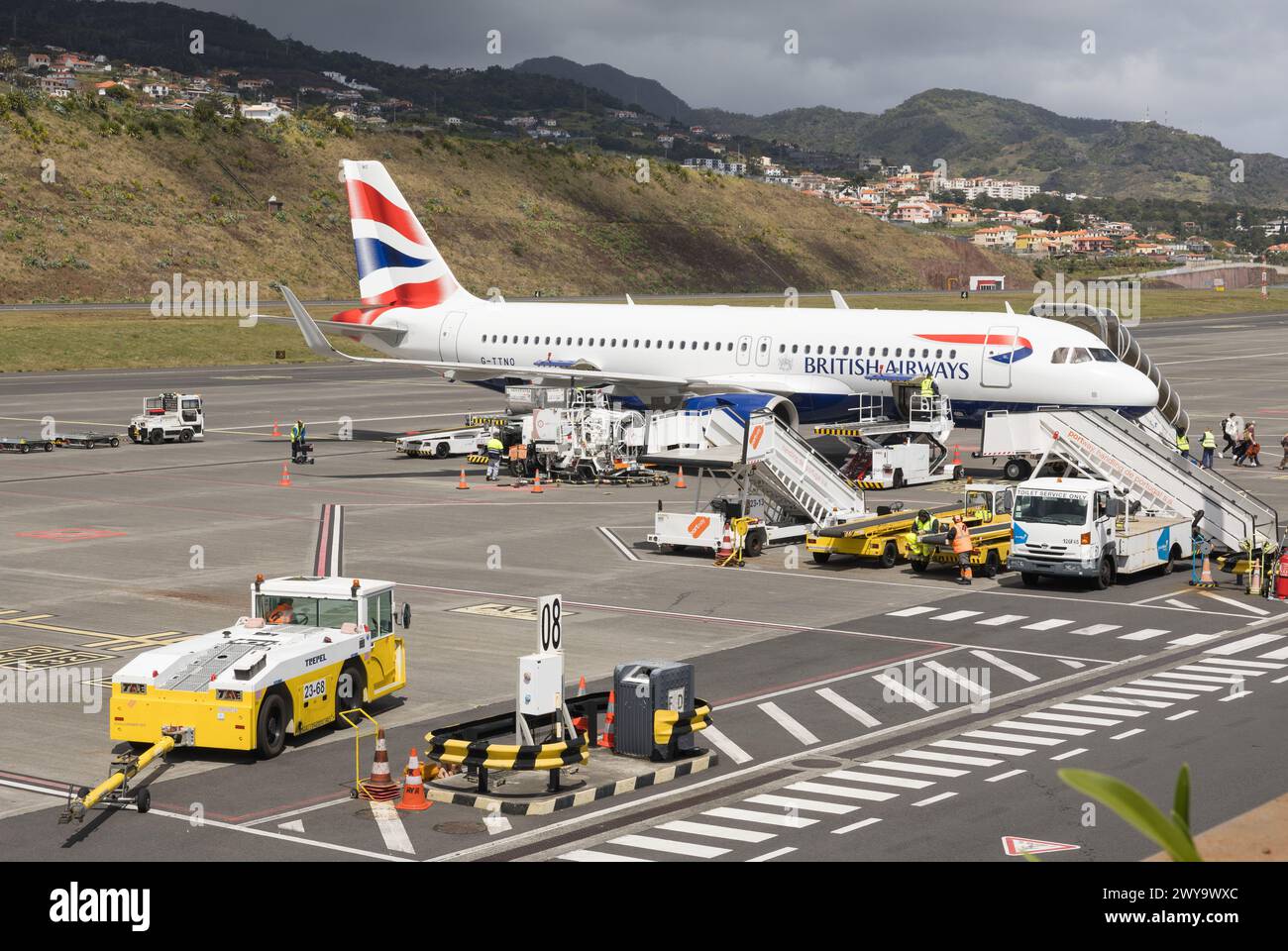 British Airways passenger aircraft parked at Cristiano Ronaldo InternationFinchal,Madeiraal Airport, Funchal, Madeira. Stock Photo