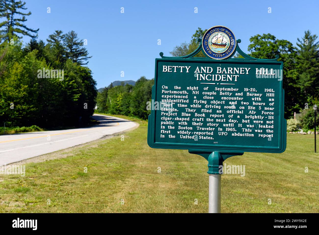 The sign commemorating the Betty and Barney Hill UFO abduction incident. Stock Photo