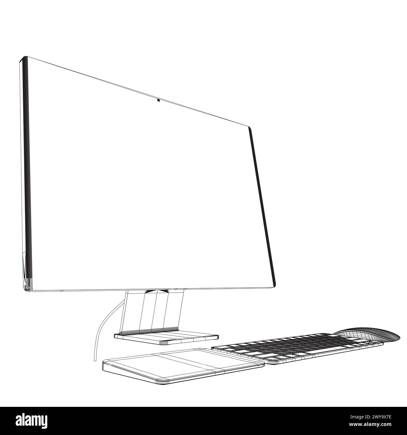 Monitor PC mockup. Wireframe thin frame monitor or PC with mouse and