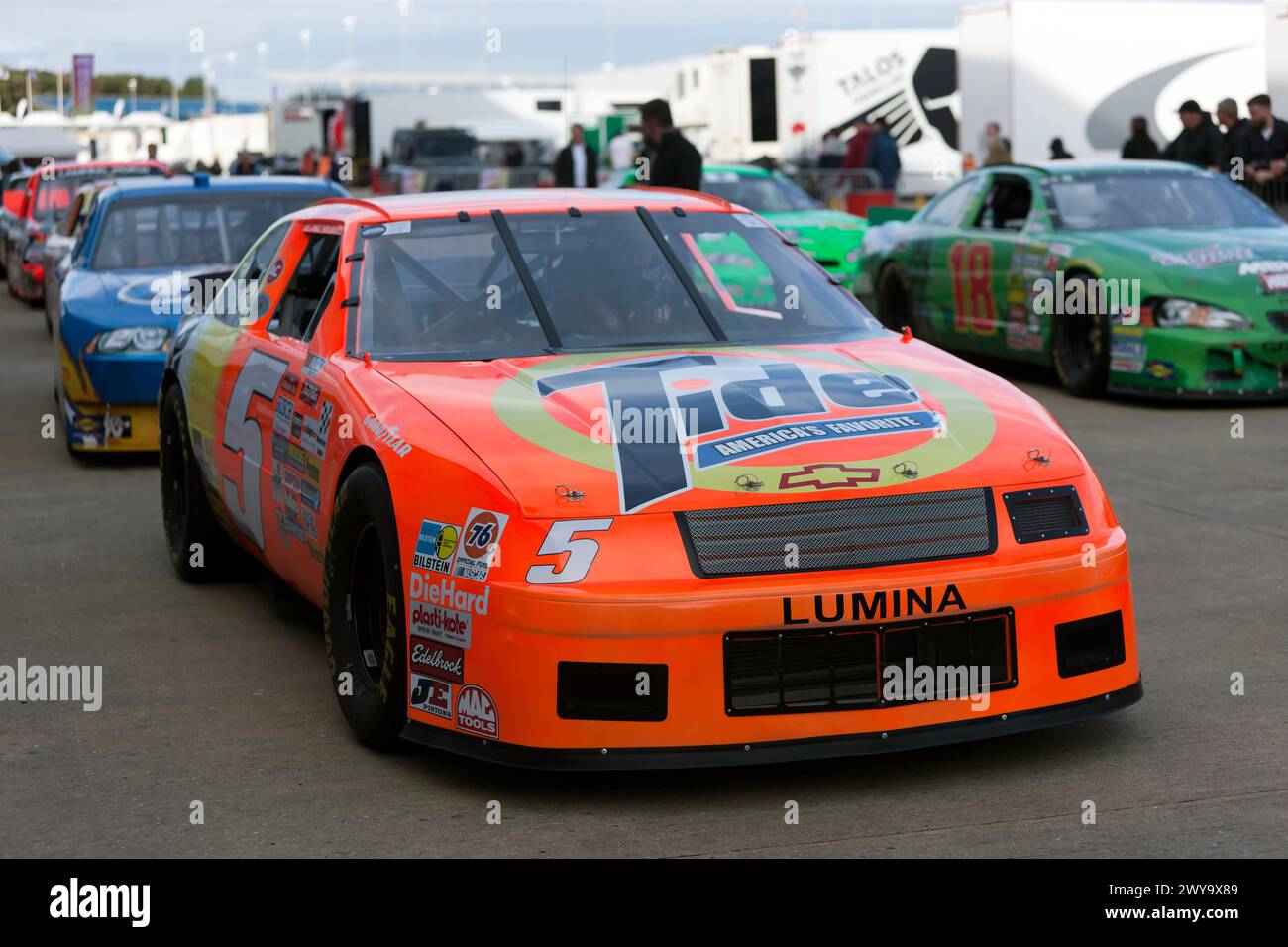 Paul Yorkshire's 1991, Chevrolet Lumina, waiting to taking part in the 75th Anniversary of Nascar Demonstration, at the 2023 Silverstone Festival Stock Photo