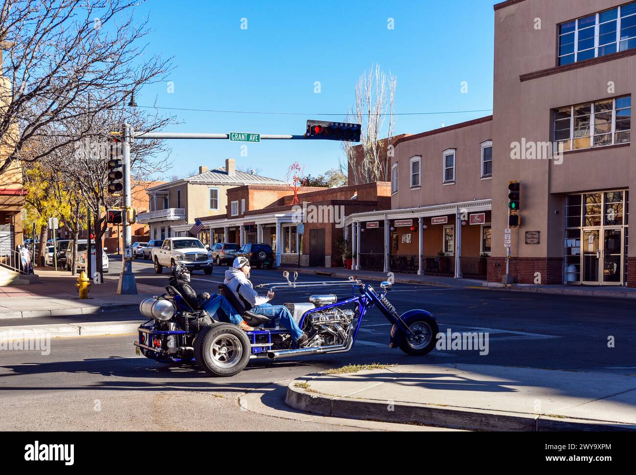 Custom Chopper / 3 wheeled Motorcycle on Grant Avenue in Sante Fe, New Mexico. Stock Photo