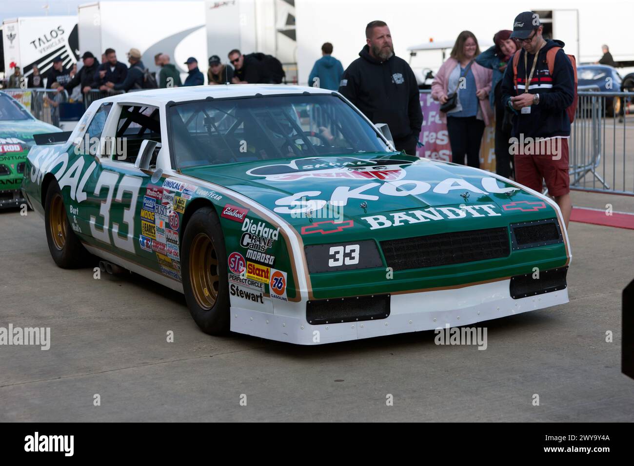 Vance Kershner's 1988, Chevrolet Monte Carlo waiting to take part in the 75th Anniversary of Nascar Demonstration, at the 2023 Silverstone Festival Stock Photo
