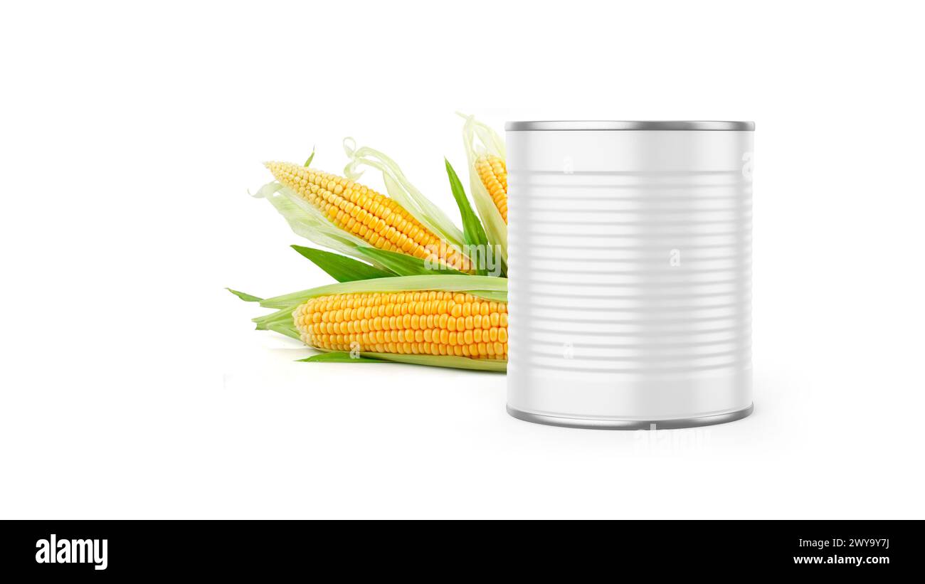 Canned Corn Grain Mockup Isolated on White Background Stock Photo