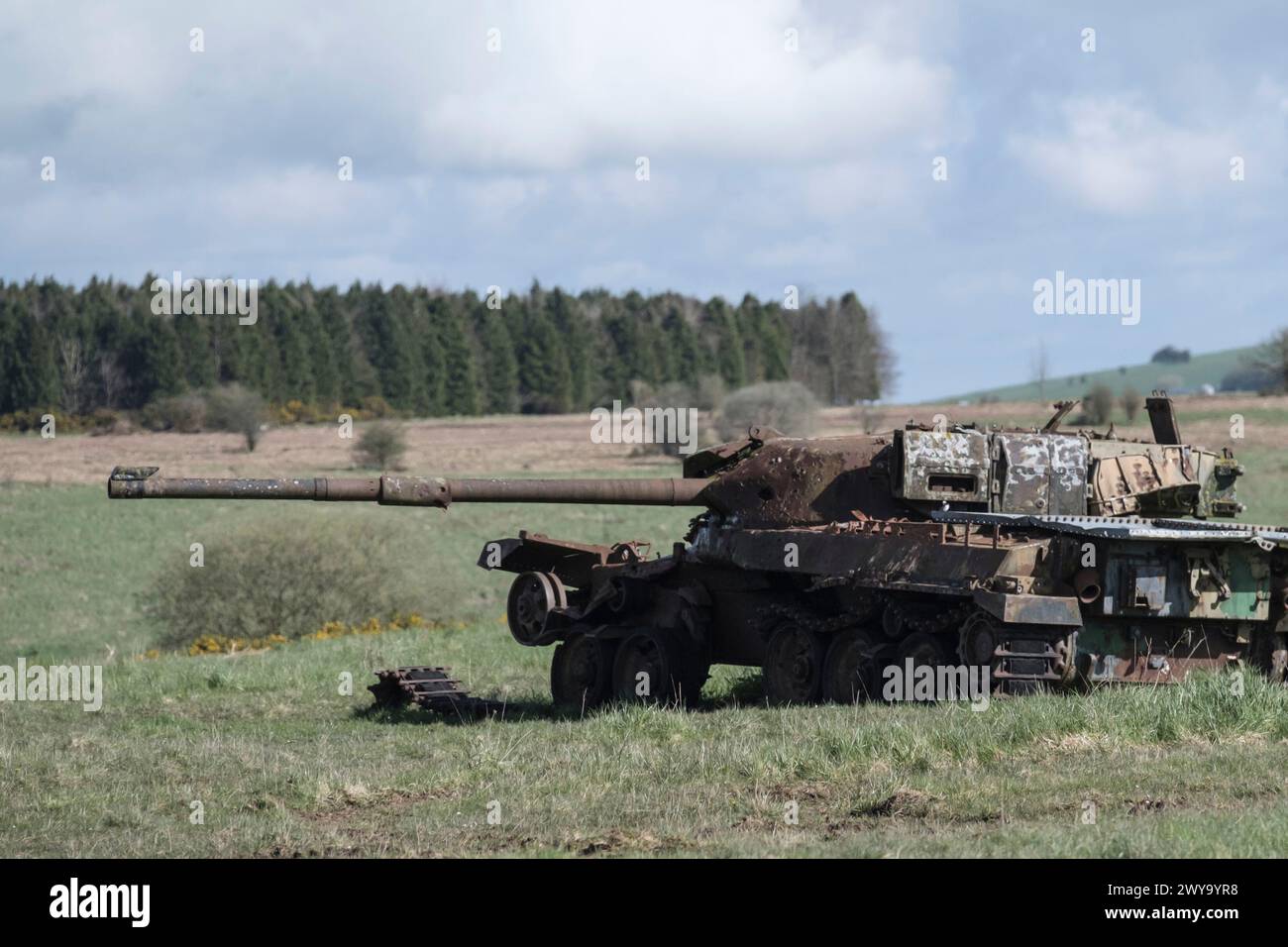 A wrecked tank on the Army Salisbury Plain training ground, Imber on Salisbury Plain Stock Photo