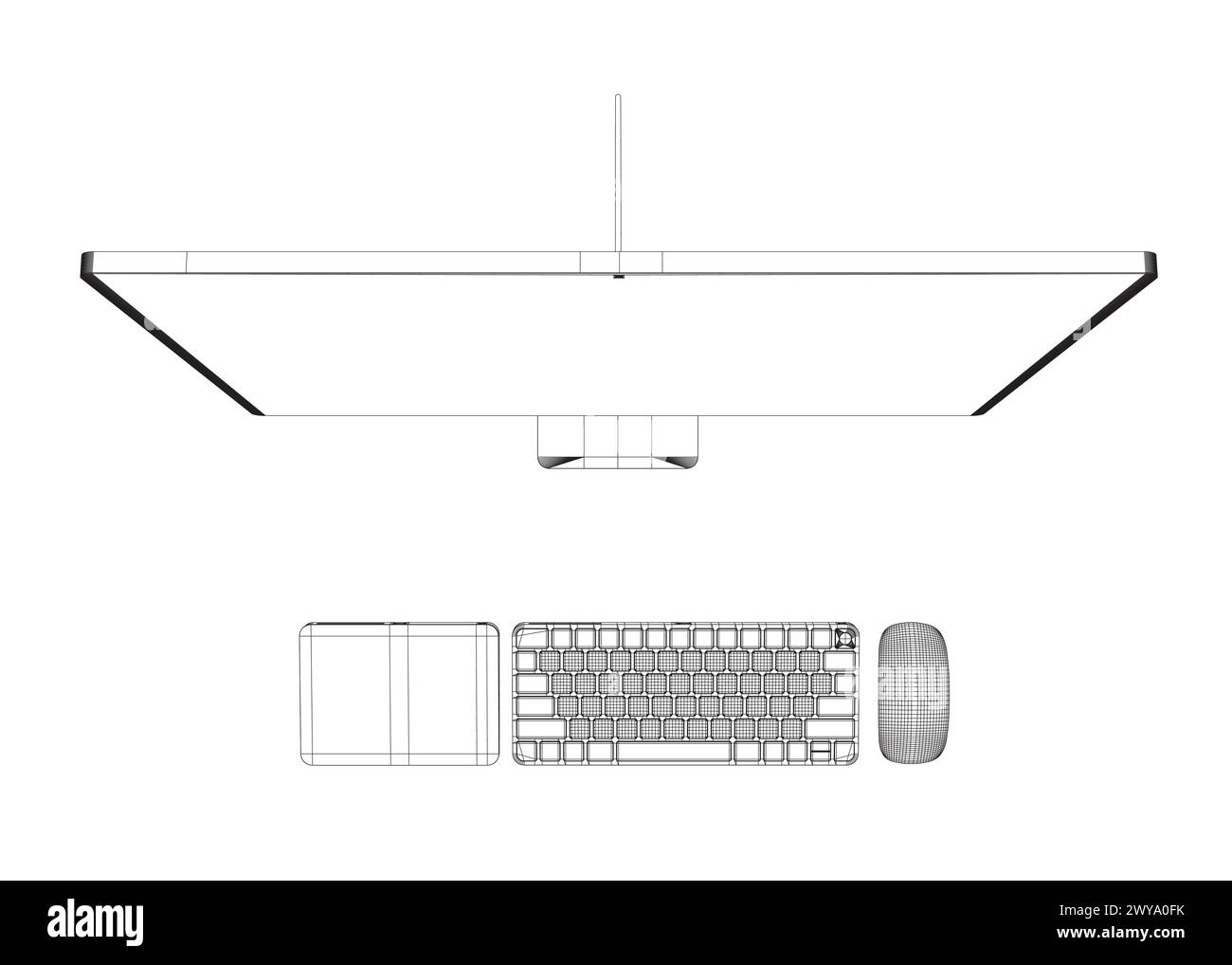 Monitor PC mockup. Wireframe thin frame monitor or PC with mouse and