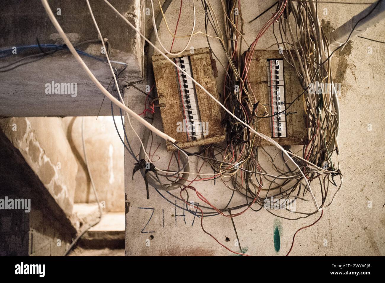 Electricity wiring for the houses of the Sabra-Shatila refugee camp in Lebanon Stock Photo