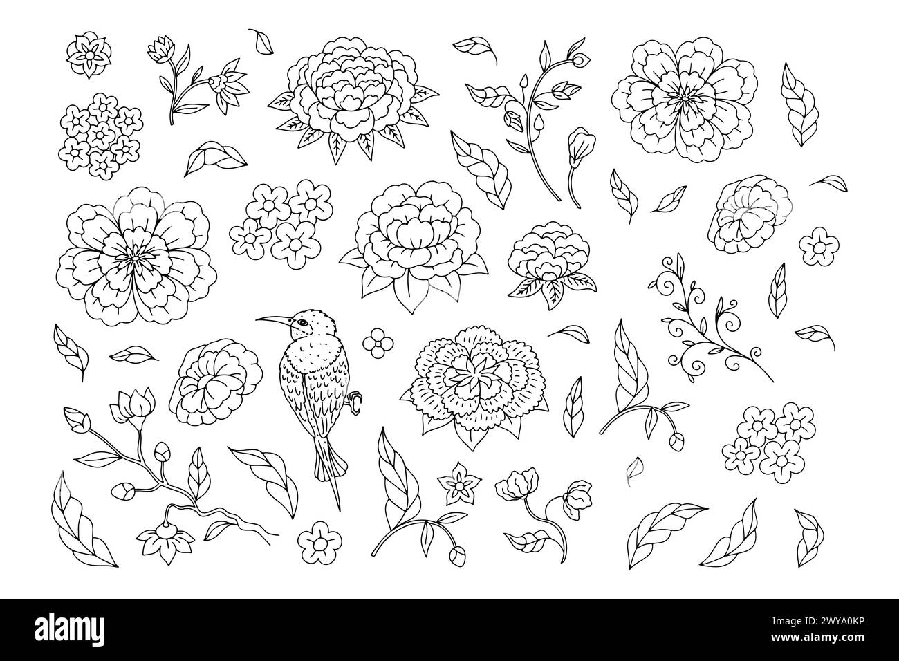 Set of monochrome black and white floral chinoiserie style flowers Stock Vector