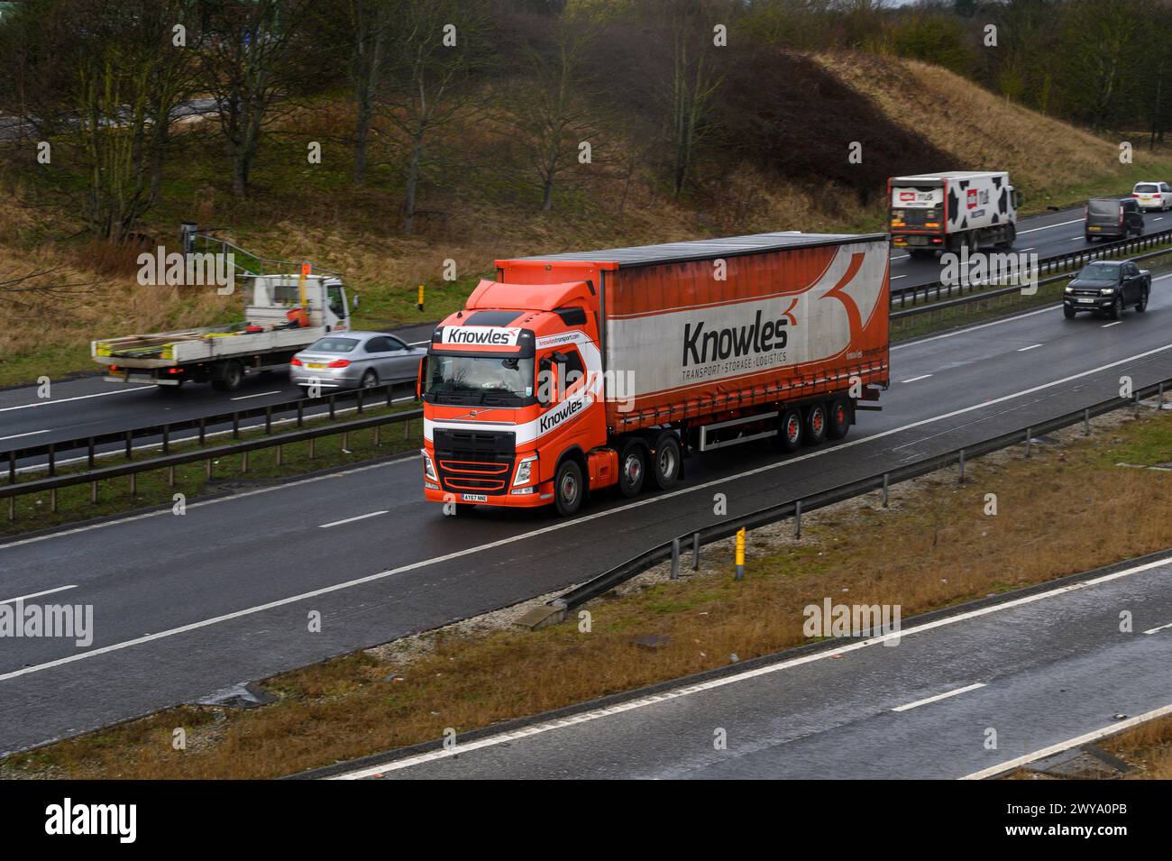 Lorry travelling along a stretch of the A1 in England. Stock Photo