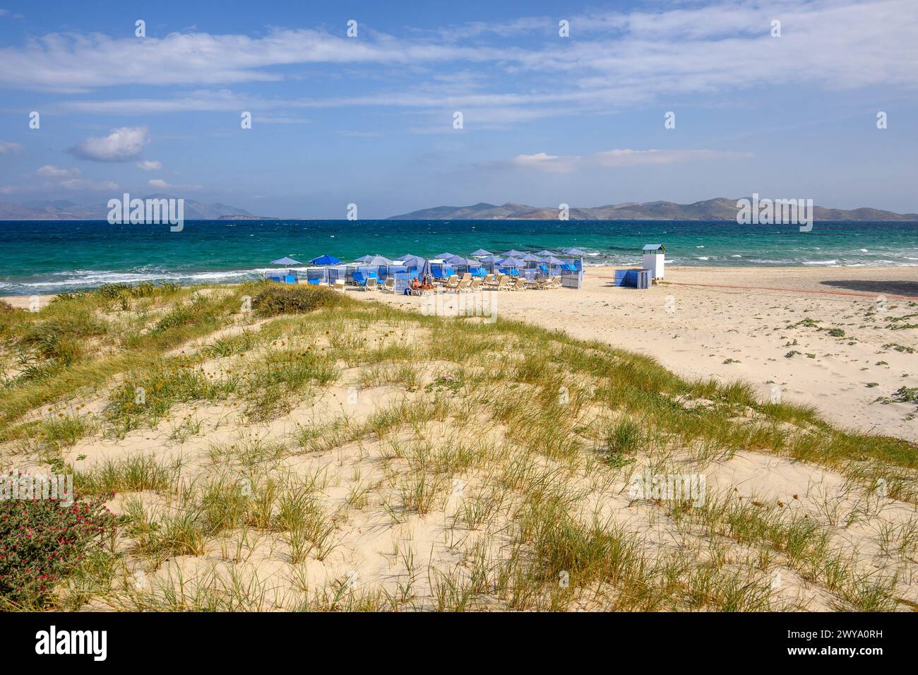 Kos, Greece - May 12, 2023: Marmari beach with golden sand and turquoise water. Kos island, Greece Stock Photo