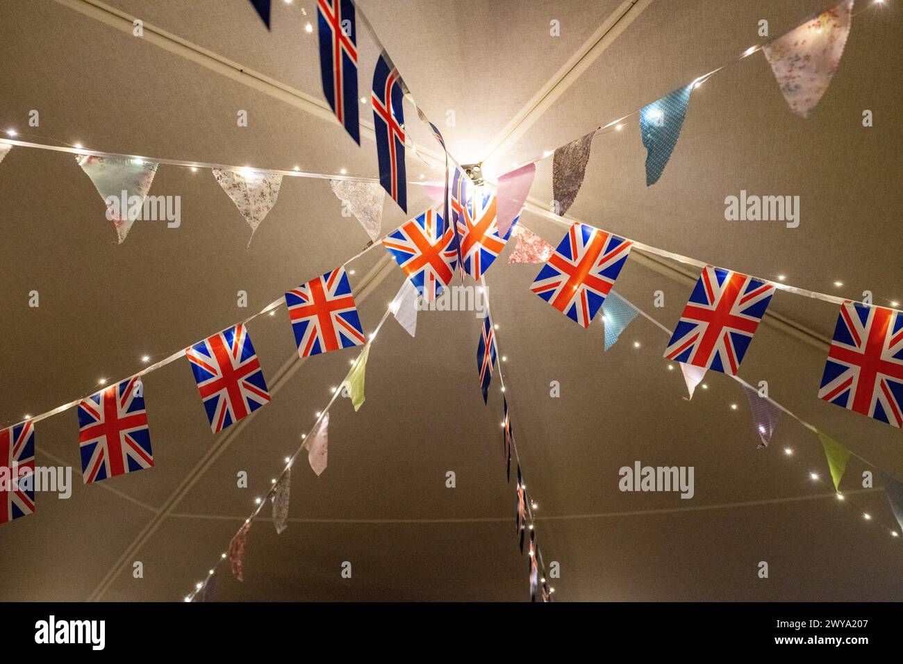 British Union Jack bunting flags decoration at a wedding at Dulwich Picture Gallery in London, UK Stock Photo