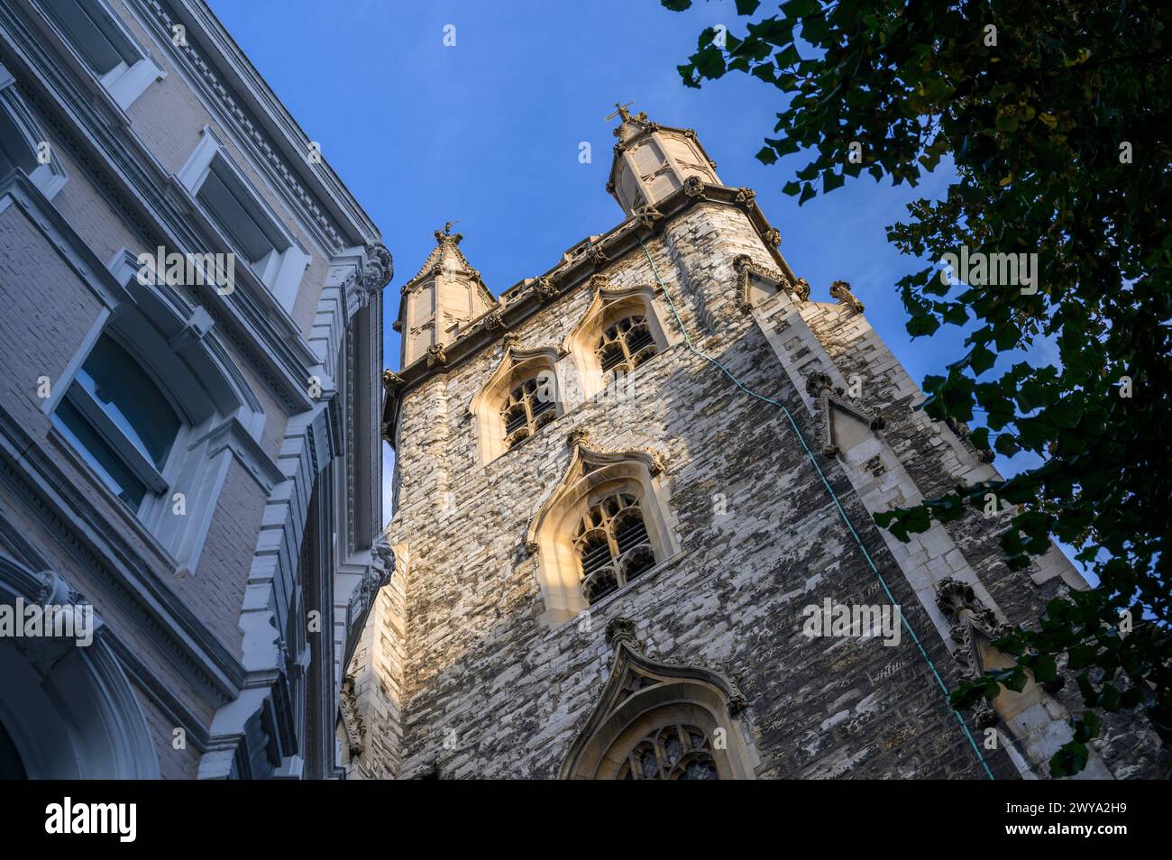 Sun catching the bell tower of the Holy Sepulchre Church, London, England. Stock Photo