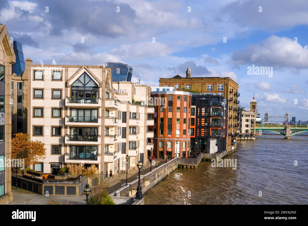 Riverside apartments next to the River Thames, London, England. Stock Photo