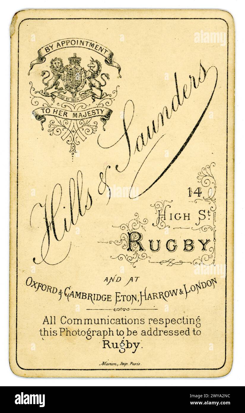 Original reverse of decorative Victorian Carte de Visite (visiting card or CDV) Hills & Saunders, 14 High Street, Rugby. Royal Warrant 1867 Circa 1880's Stock Photo