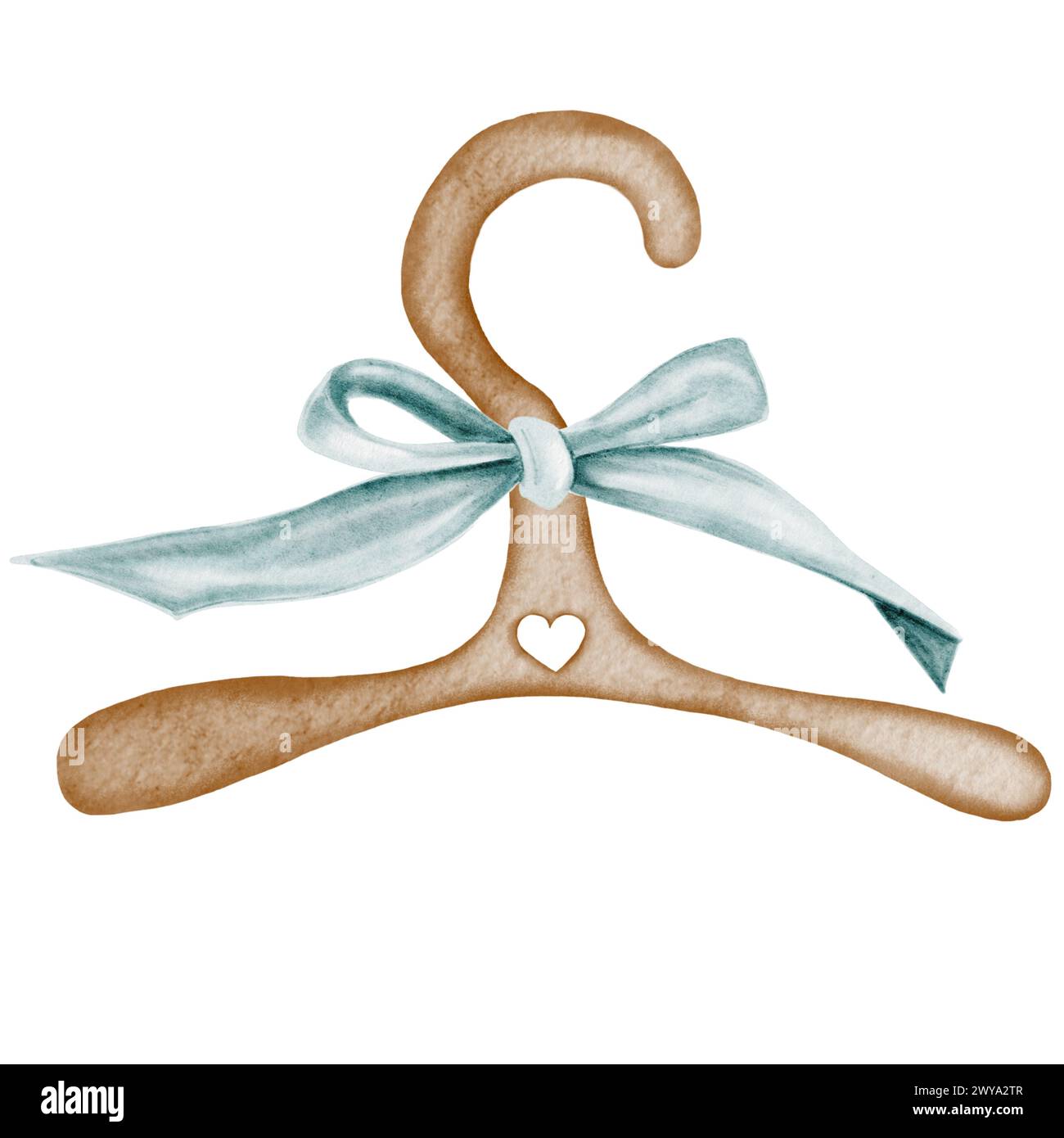 Watercolor drawing of a cute wooden hanger decorated with with blue vintage bow . Pretty illustration for baby shower invitations and cards and for Stock Photo