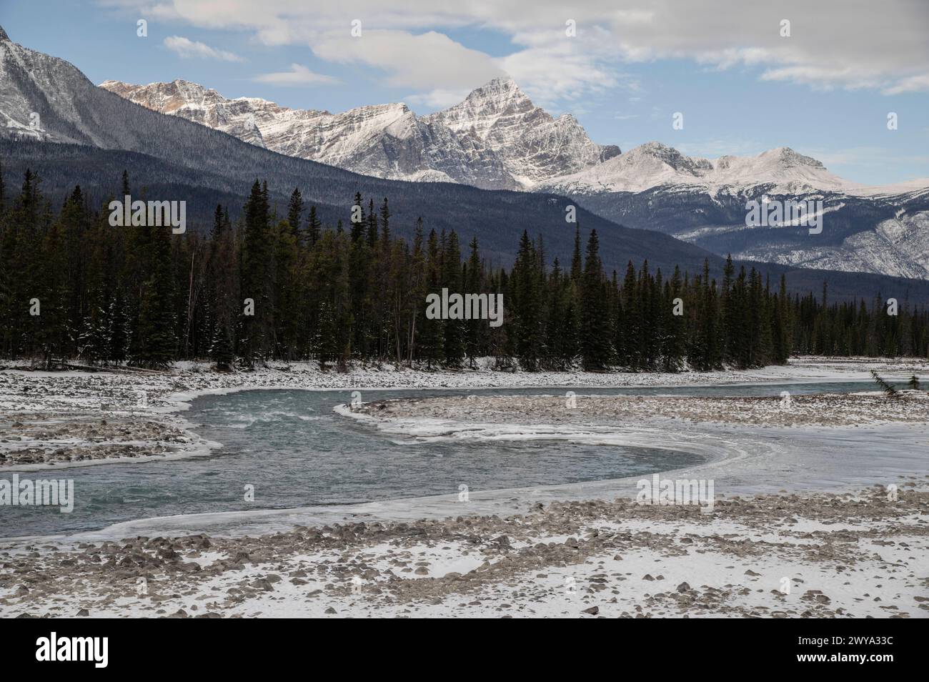 Athabasca River in winter, Icefields Parkway, Jasper National Park, UNESCO World Heritage Site, Alberta, Canadian Rockies, Canada, North America Copyr Stock Photo
