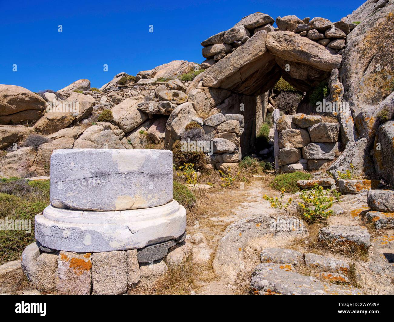 Grotto of Heracles, Mount Kynthos, Delos Archaeological Site, UNESCO World Heritage Site, Delos Island, Cyclades, Greek Islands, Greece, Europe Copyri Stock Photo