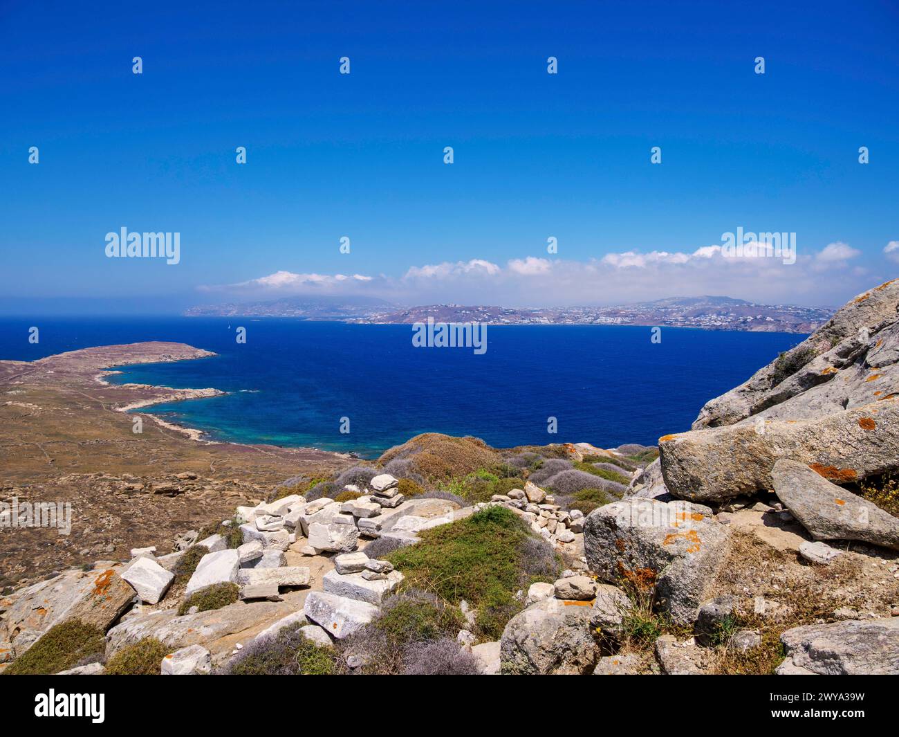 View from Mount Kynthos, Delos Archaeological Site, UNESCO World Heritage Site, Delos Island, Cyclades, Greek Islands, Greece, Europe Copyright: Karol Stock Photo