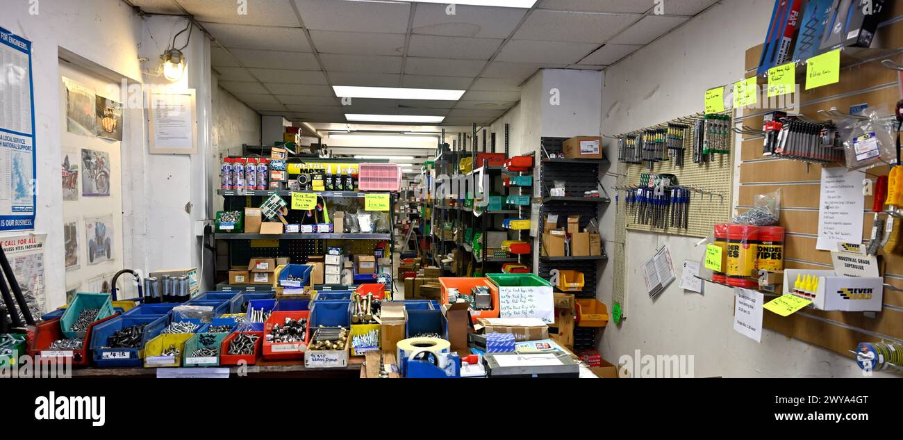 Inside small independent business (T.E. Stone Ltd) specializing in selling fasteners, nuts, bolts, screws, Bristol, UK Stock Photo