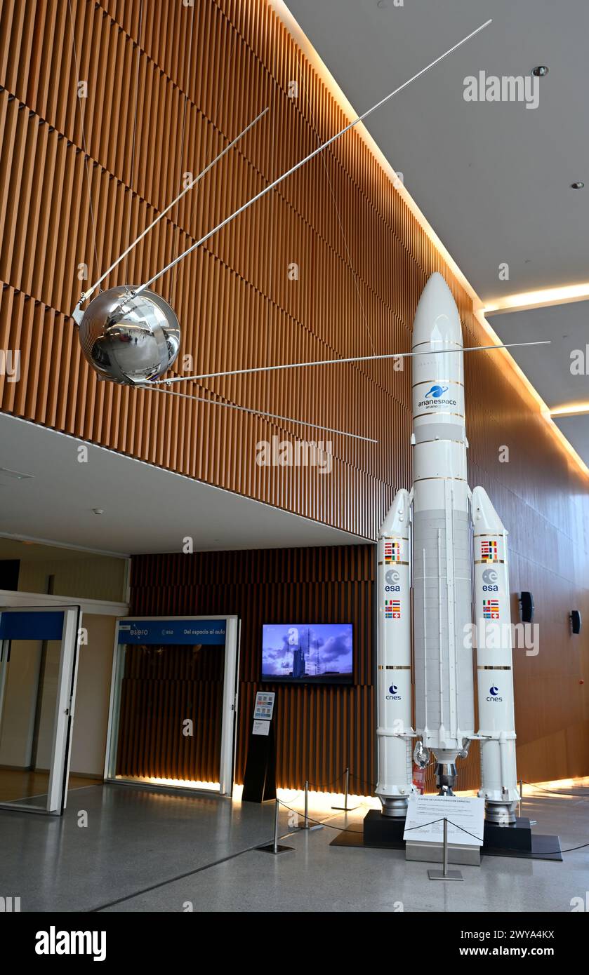 Inside the Granada Science Museum with display of European Space Agency satellite and rocket, Granada, Spain Stock Photo