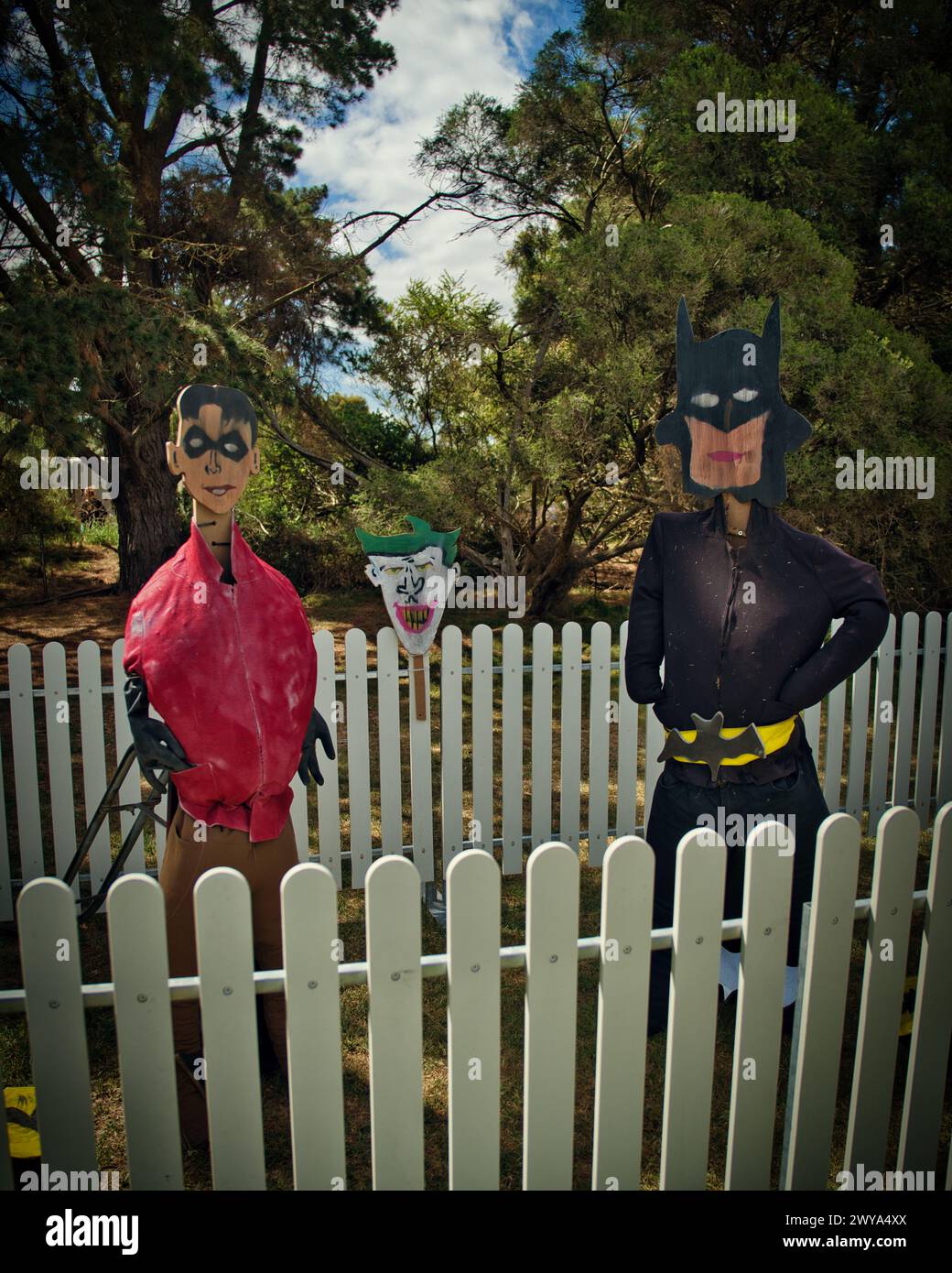 Batman, Robin and the Joker Scarecrow Stock Photo