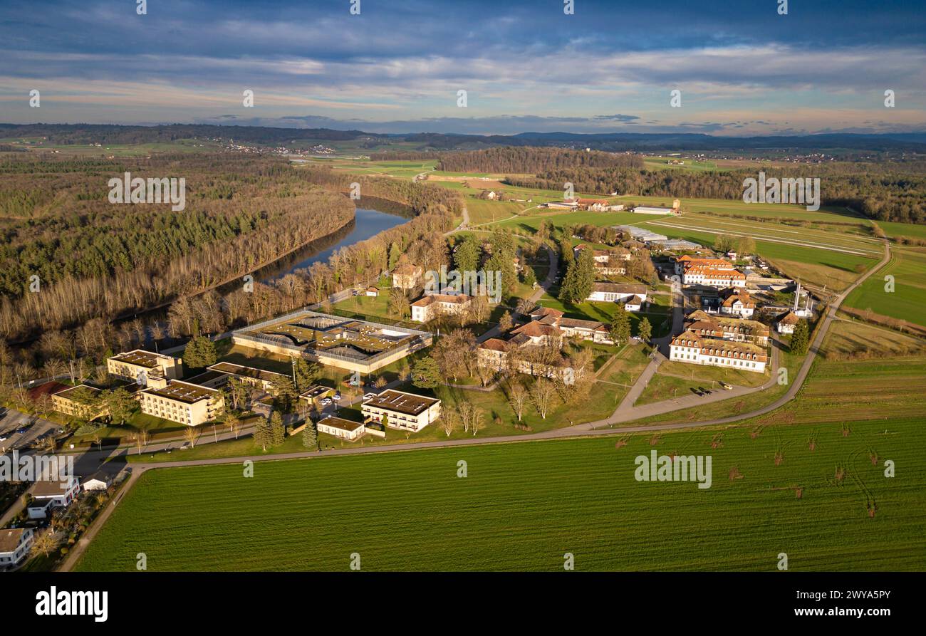 The Psychiatric University Clinic is located in Rheinau. Behind it flows the Rhine. The Zurich community has a long history in the medical field of ps Stock Photo