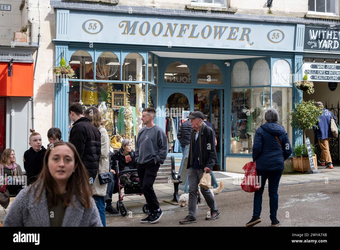 Street scene outside Moonflower one of Strouds best known and most established shops on 30th March 2024 in Stroud, United Kingdom. Stroud is a market town and civil parish in Gloucestershire. Stock Photo