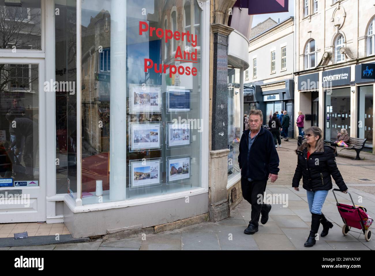 Small business shop front for an estate agent on 30th March 2024 in Stroud, United Kingdom. Housing in the UK is a very important contributing factor and measure in the economy as house prices and the property market continues to rise, pricing many people of lower incomes out of owning their own homes. Stroud is a market town and civil parish in Gloucestershire. Stock Photo