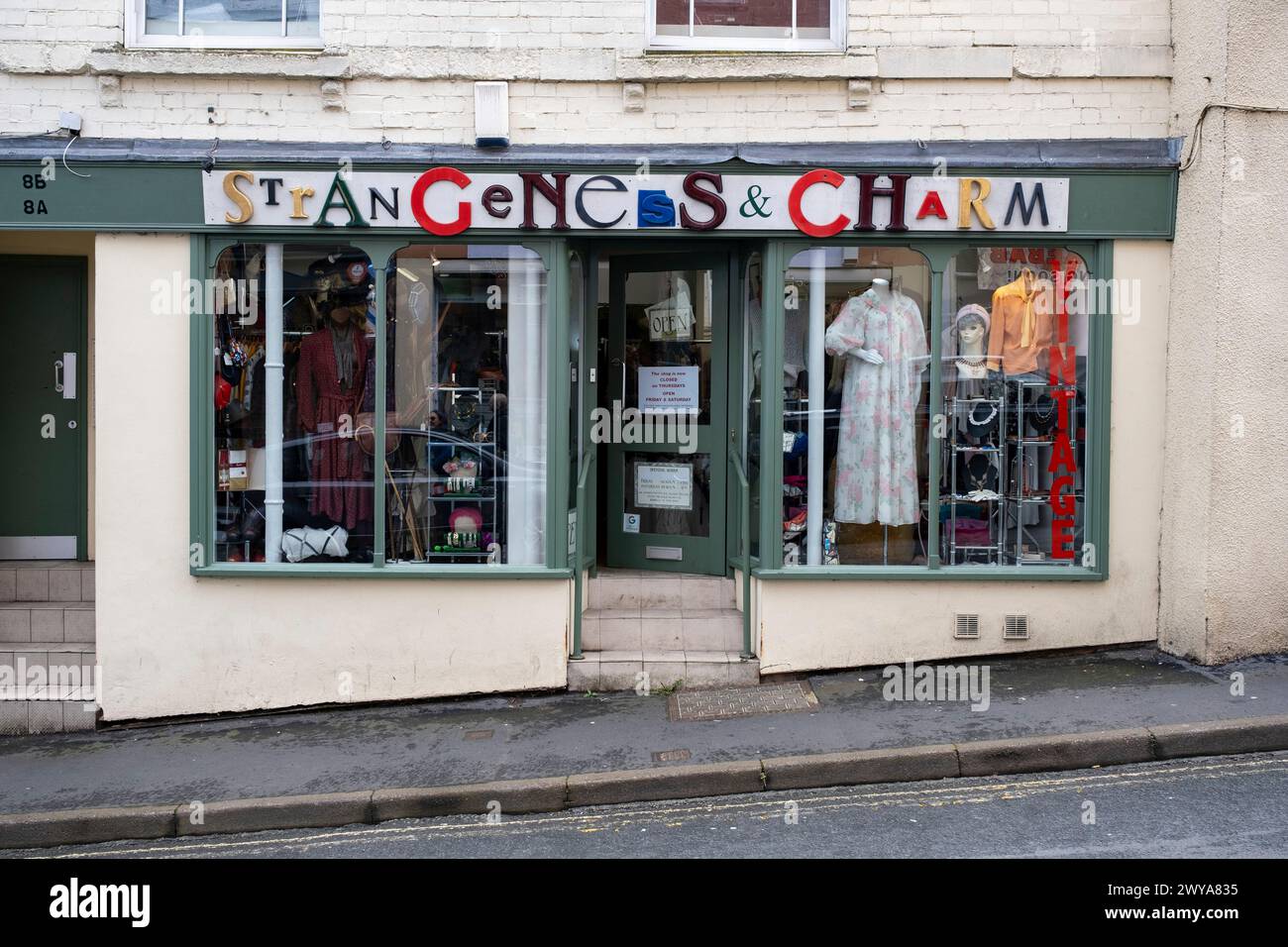 Strangeness and Charm vintage clothes and curiosities shop on 30th March 2024 in Stroud, United Kingdom. Stroud is a market town and civil parish in Gloucestershire. Stock Photo