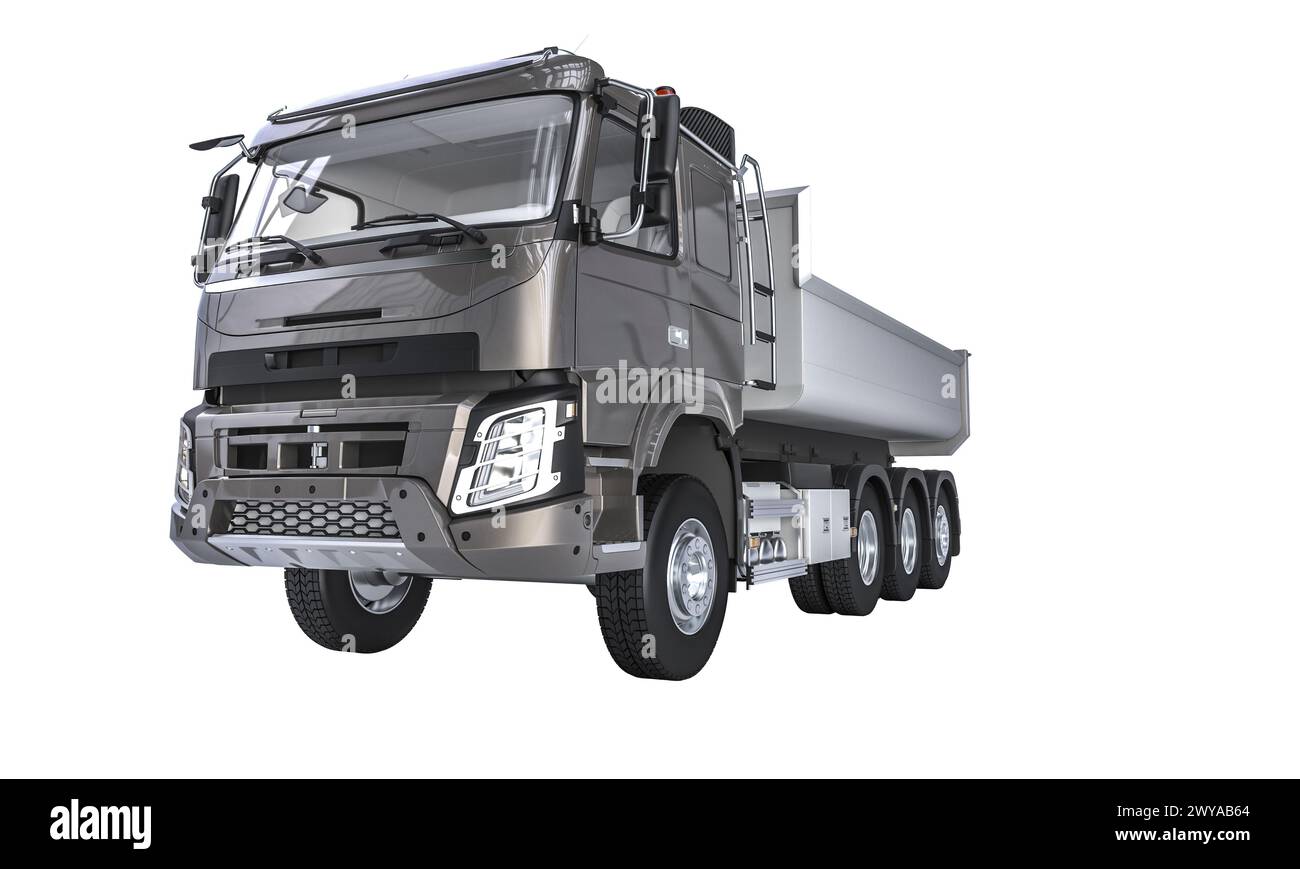 High-resolution image of a contemporary heavy dump truck against a white background.  3d Stock Photo