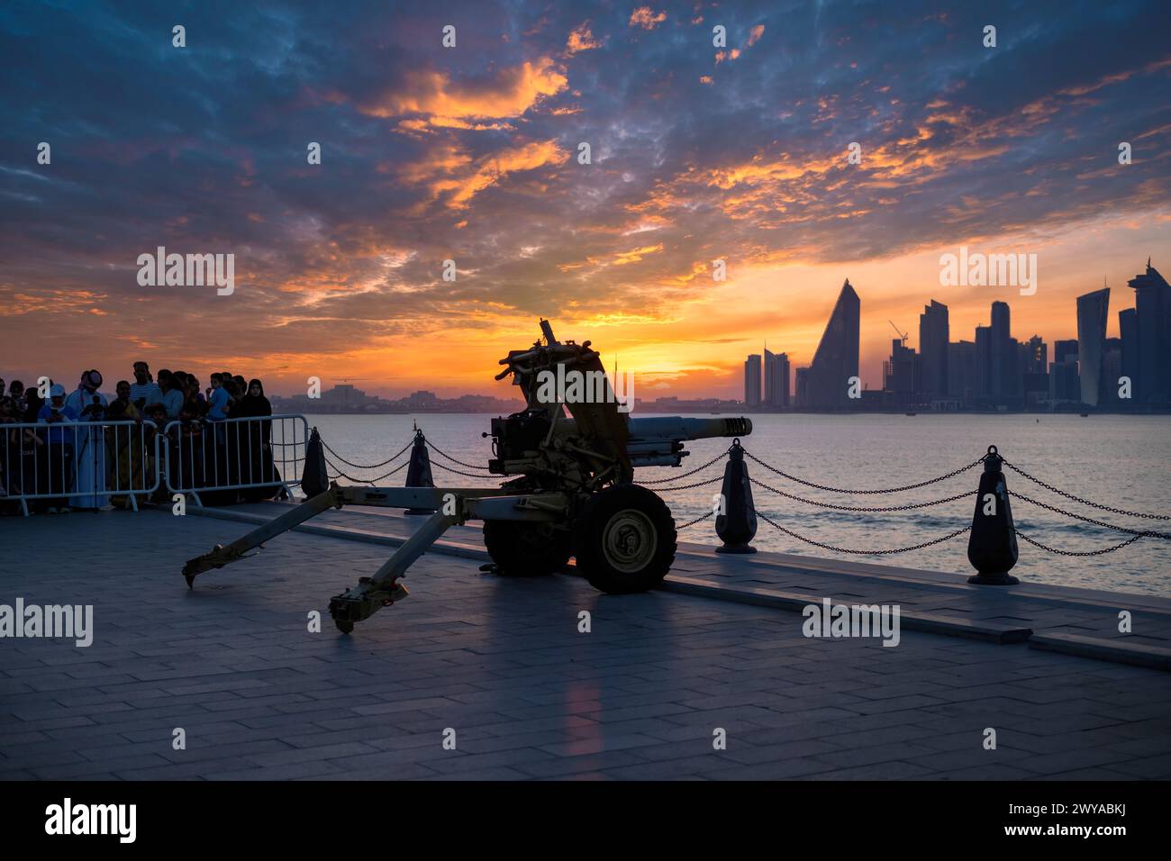 Doha, Qatar - April 05, 2024: Msheireb Downtown Cannon firing, cannon shooting also known as Midfaa Iftar Stock Photo