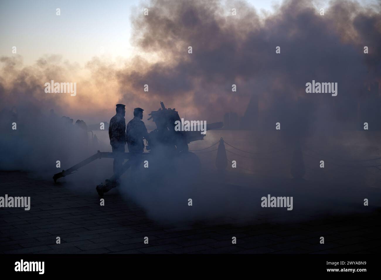 Doha, Qatar - April 05, 2024: Msheireb Downtown Cannon firing, cannon shooting also known as Midfaa Iftar Stock Photo